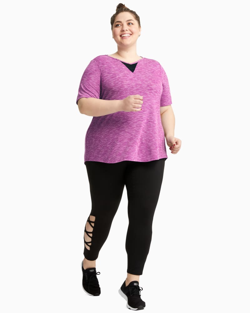 Plus size model with rectangle body shape wearing Garland Mesh Back Tee by Marribee | Dia&Co | dia_product_style_image_id:111608